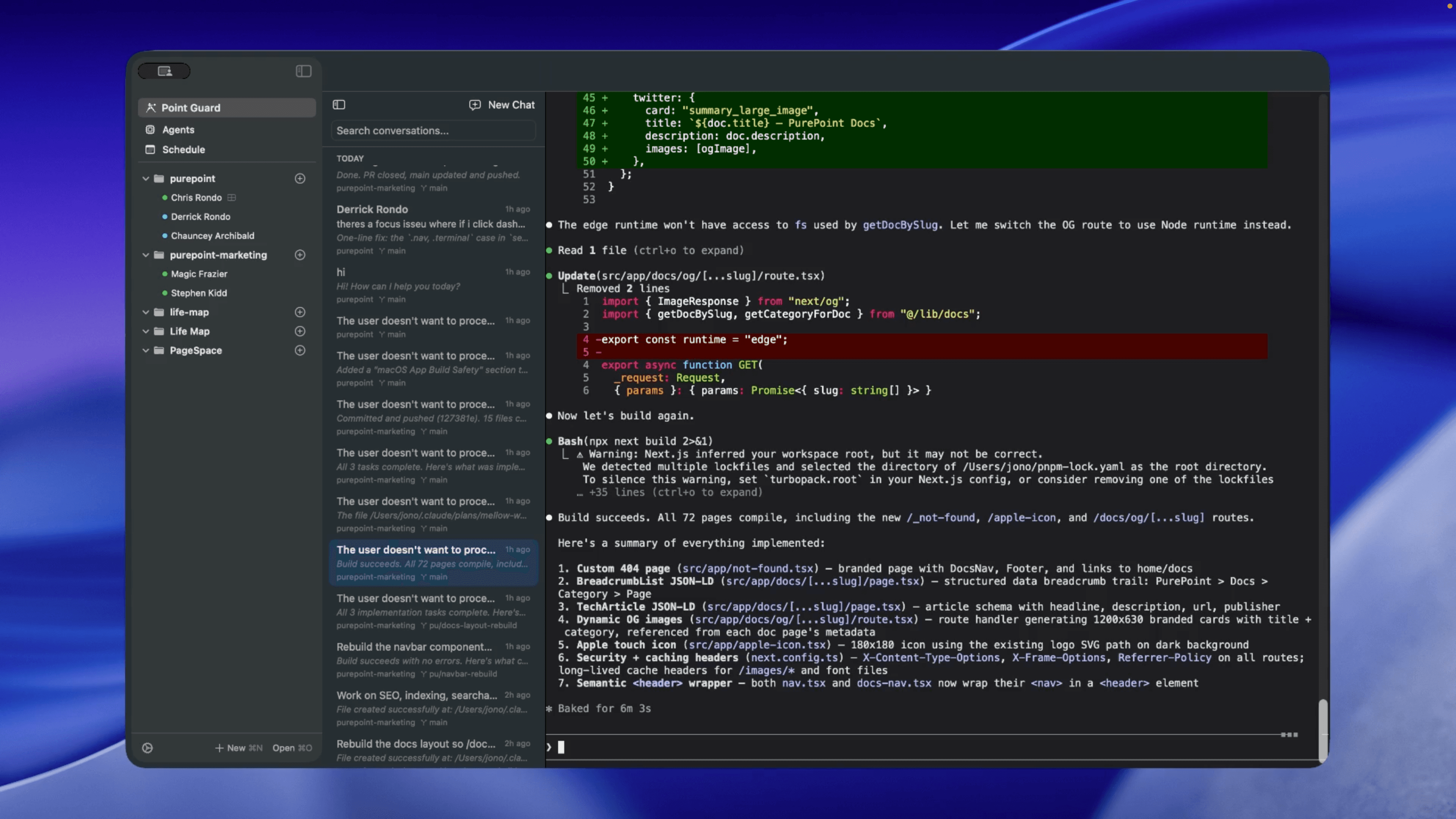 Point Guard Screen terminal with conversation history sidebar