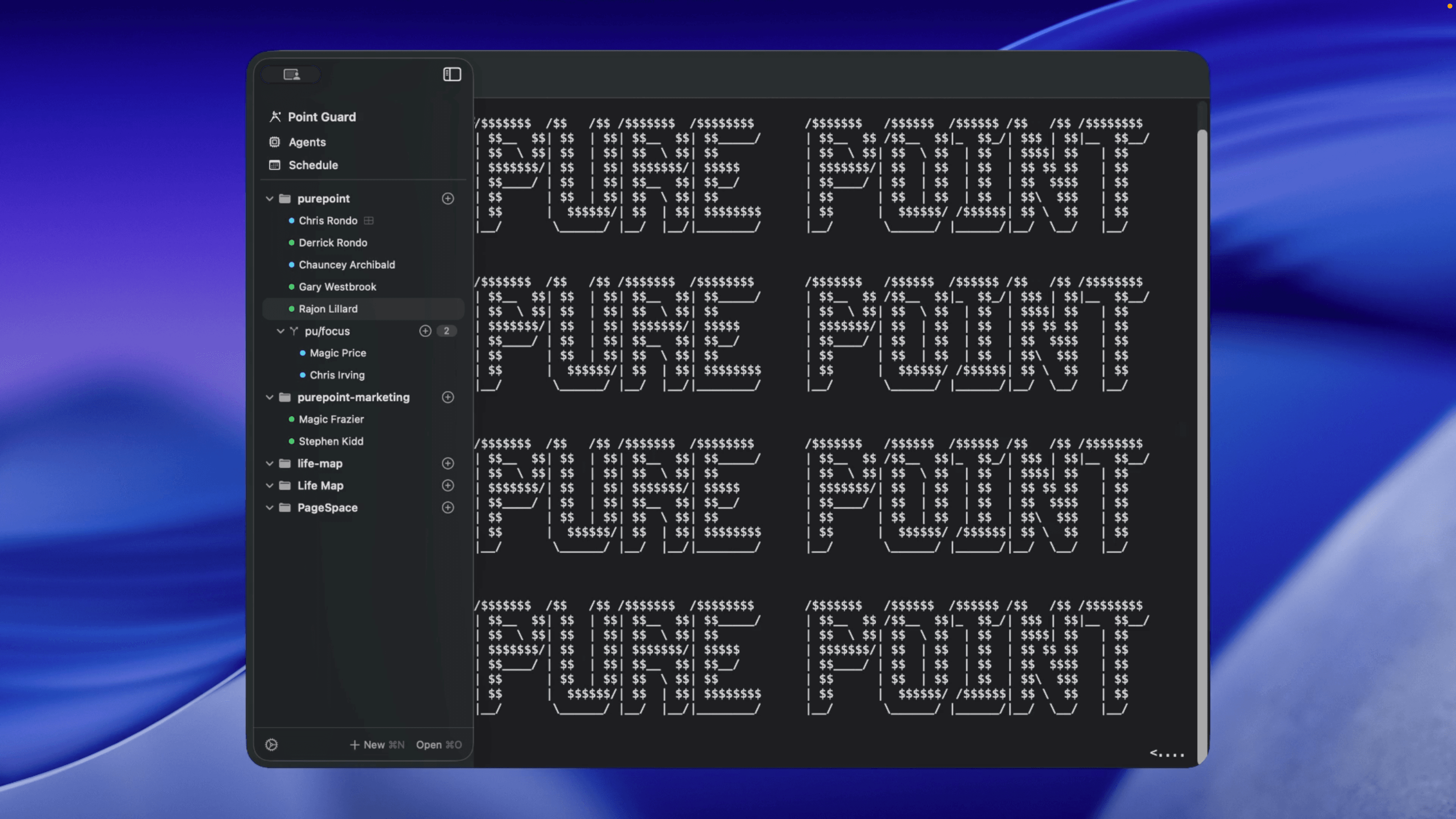 PurePoint workspace showing agents running across multiple worktrees