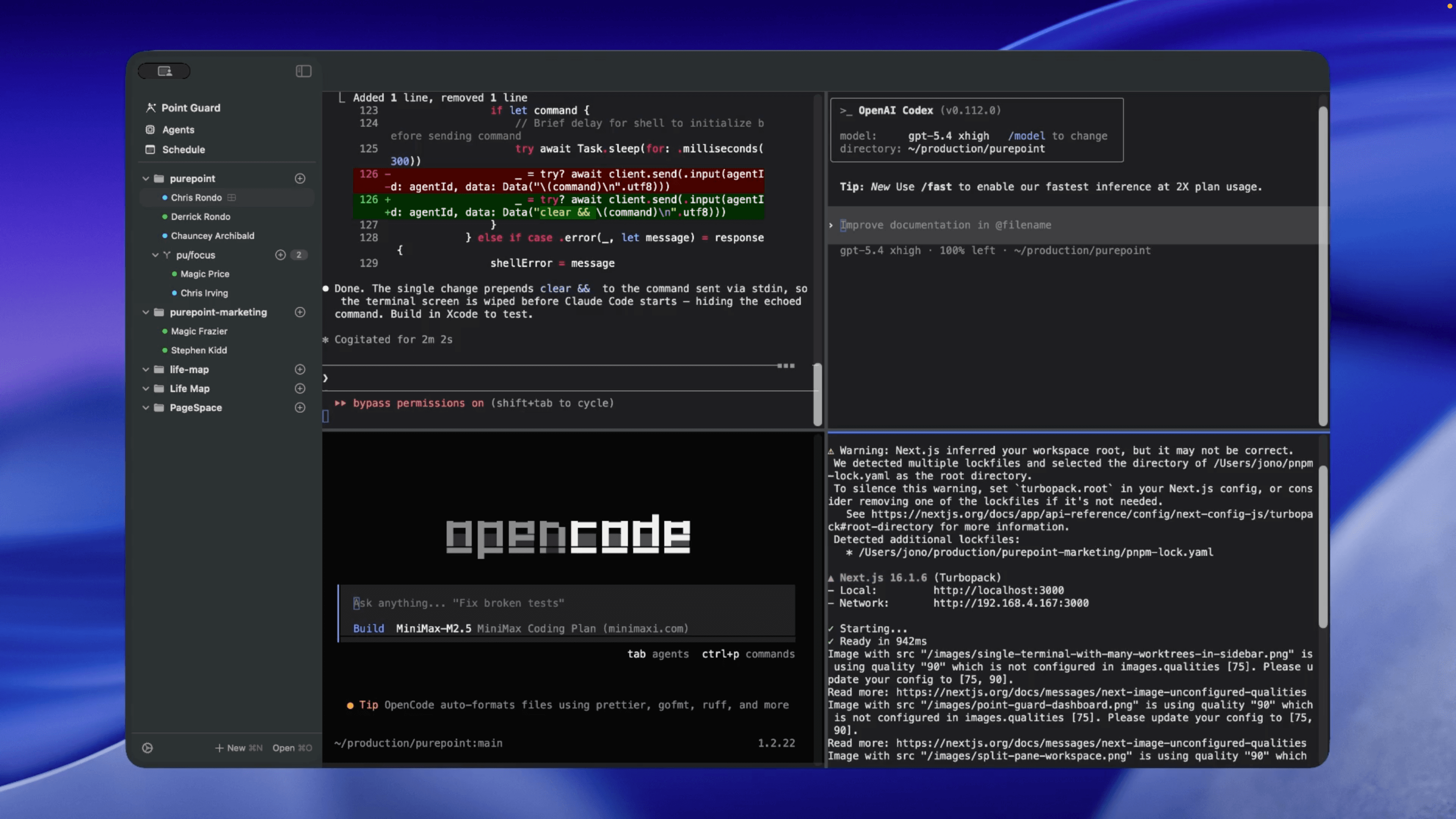 Split-pane terminal workspace with agents running in parallel