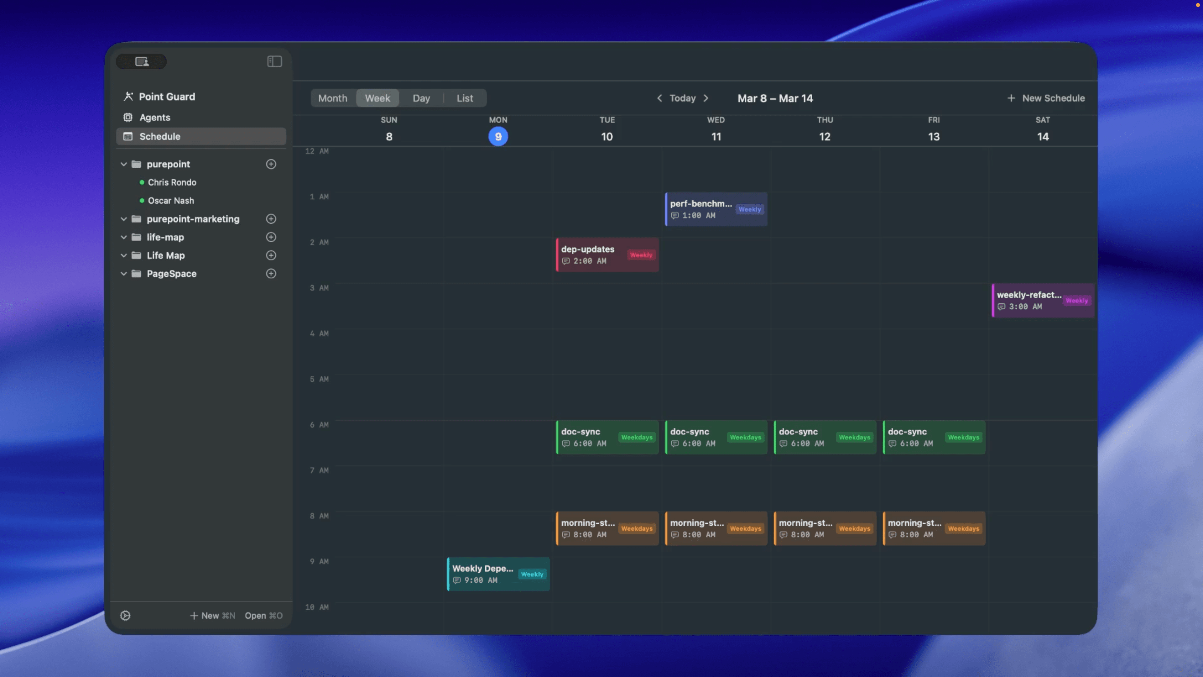 Weekly calendar view for scheduling agent runs